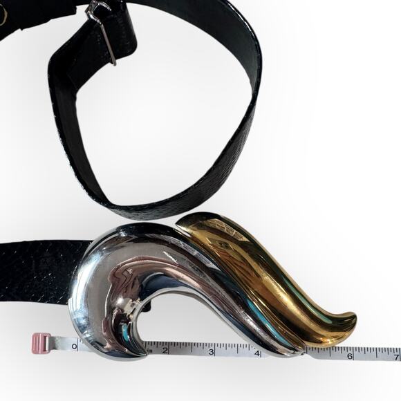 Vtg Alexis Kirk Belt Wave Buckle Gold Silver Black Snake Leather Sculptural 80s main image 5